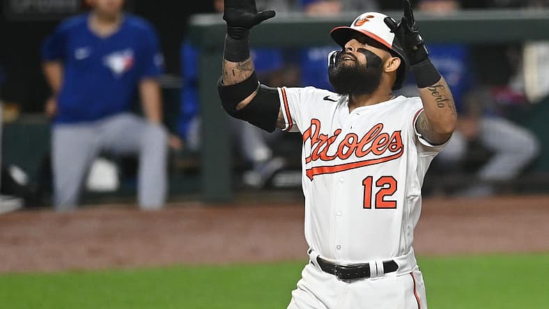 Aug 9, 2022; Baltimore, Maryland, USA; Baltimore Orioles second baseman Rougned Odor (12) react after hitting a two run home run in the eighth inning against the Toronto Blue Jays at Oriole Park at Camden Yards. Mandatory Credit: Tommy Gilligan-USA TODAY Sports