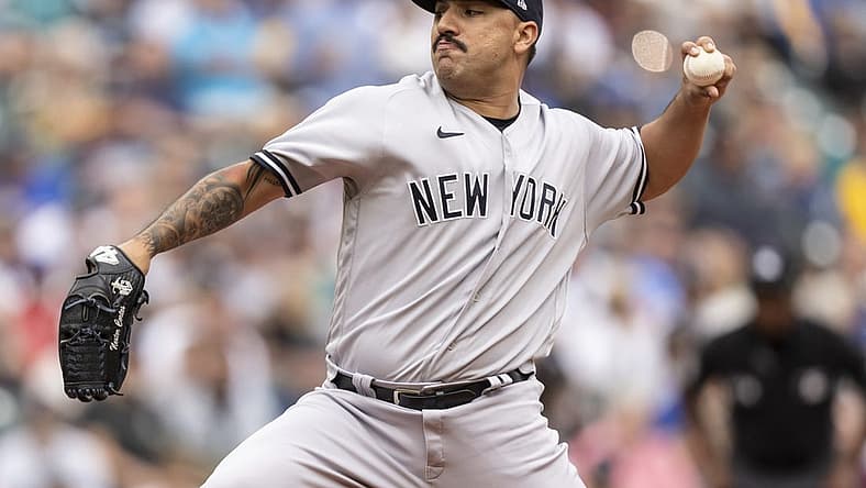 Aug 10, 2022; Seattle, Washington, USA; New York Yankees starter Nestor Cortes (65) delivers a pitch during the first inning against the Seattle Mariners at T-Mobile Park. Mandatory Credit: Stephen Brashear-USA TODAY Sports