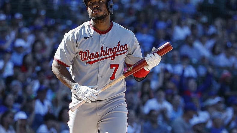 Aug 10, 2022; Chicago, Illinois, USA; Washington Nationals third baseman Maikel Franco (7) reacts after striking out against the Chicago Cubs during the eight inning at Wrigley Field. Mandatory Credit: Kamil Krzaczynski-USA TODAY Sports