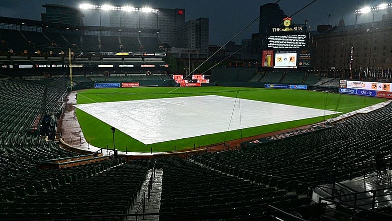 Aug 10, 2022; Baltimore, Maryland, USA; The game between the Baltimore Orioles and the Toronto Blue Jays has been delayed due to inclement weather at Oriole Park at Camden Yards. Mandatory Credit: Tommy Gilligan-USA TODAY Sports