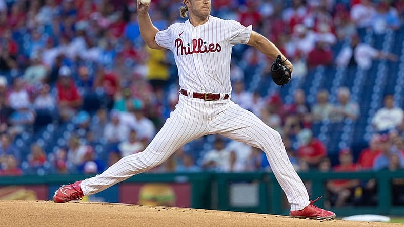 Aug 10, 2022; Philadelphia, Pennsylvania, USA; Philadelphia Phillies starting pitcher Noah Syndergaard (43) throws a pitch during the first inning against the Miami Marlins at Citizens Bank Park. Mandatory Credit: Bill Streicher-USA TODAY Sports