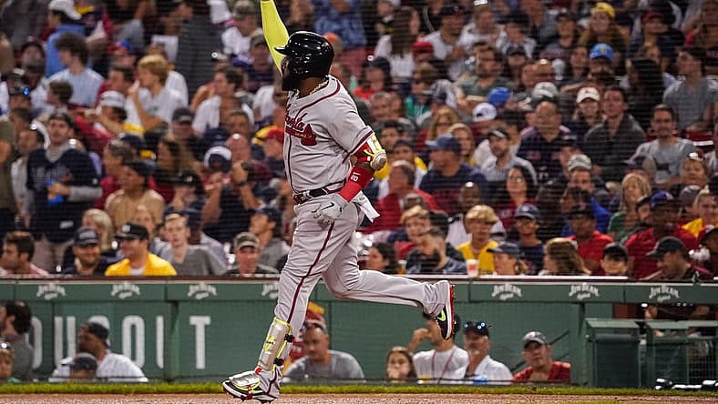Aug 10, 2022; Boston, Massachusetts, USA; Atlanta Braves designated hitter Marcell Ozuna (20) hits a three run home run against the Boston Red Sox in the fourth inning at Fenway Park. Mandatory Credit: David Butler II-USA TODAY Sports