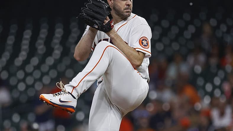 Aug 10, 2022; Houston, Texas, USA; Houston Astros starting pitcher Justin Verlander (35) delivers a pitch during the first inning against the Texas Rangers at Minute Maid Park. Mandatory Credit: Troy Taormina-USA TODAY Sports