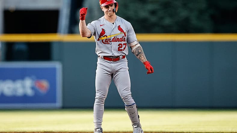 Aug 10, 2022; Denver, Colorado, USA; St. Louis Cardinals left fielder Tyler O'Neill (27) reacts after hitting an RBI double in the first inning against the Colorado Rockies at Coors Field. Mandatory Credit: Isaiah J. Downing-USA TODAY Sports