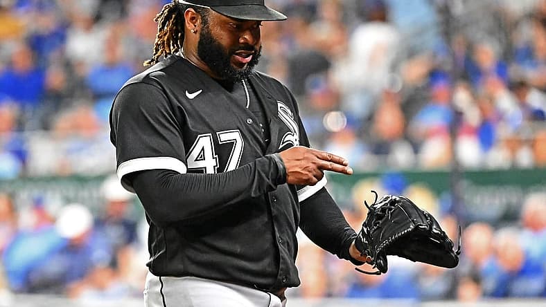 Aug 10, 2022; Kansas City, Missouri, USA; Chicago White Sox starting pitcher Johnny Cueto (47) reacts coming off the field after the sixth inning against the Kansas City Royals at Kauffman Stadium. Mandatory Credit: Peter Aiken-USA TODAY Sports