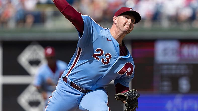 Aug 11, 2022; Philadelphia, Pennsylvania, USA; Philadelphia Phillies relief pitcher Corey Knebel (23) pitches during the eighth inning against the Miami Marlins at Citizens Bank Park. Mandatory Credit: Bill Streicher-USA TODAY Sports