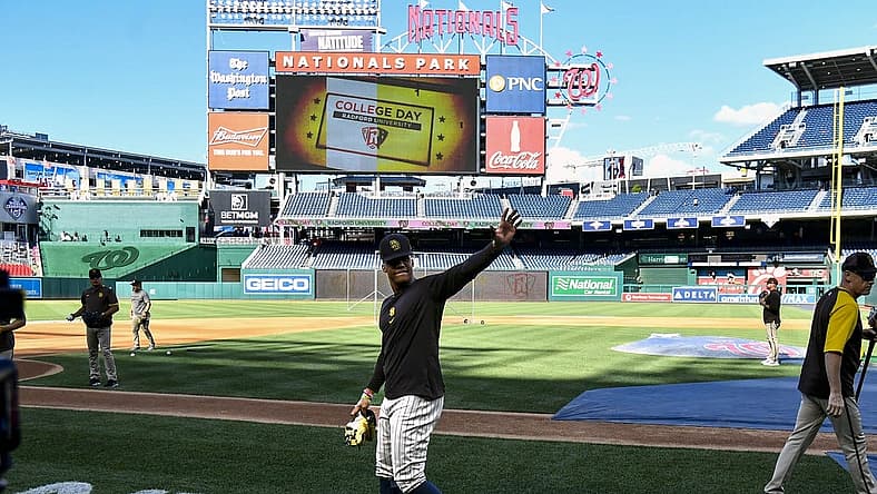 Aug 12, 2022; Washington, District of Columbia, USA; San Diego Padres right fielder Juan Soto (22) on the field before the game against the Washington Nationals at Nationals Park. Mandatory Credit: Brad Mills-USA TODAY Sports
