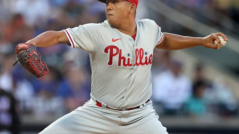 Aug 12, 2022; New York City, New York, USA; Philadelphia Phillies starting pitcher Ranger Suarez (55) pitches against the New York Mets during the first inning at Citi Field. Mandatory Credit: Brad Penner-USA TODAY Sports
