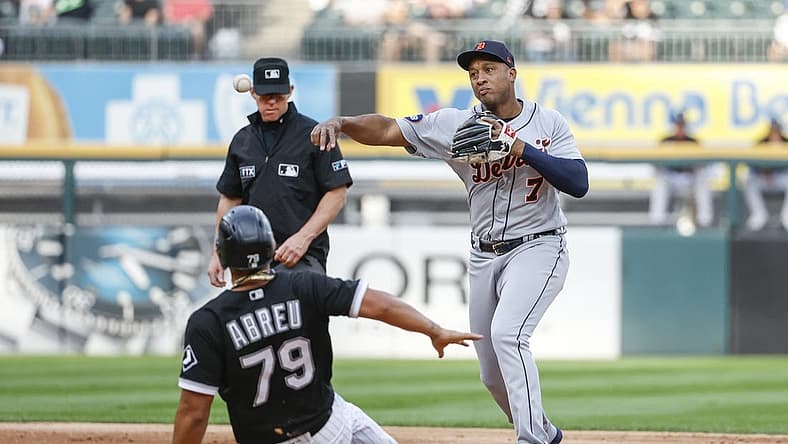 Aug 12, 2022; Chicago, Illinois, USA; Detroit Tigers second baseman Jonathan Schoop (7) throws out Chicago White Sox first baseman Jose Abreu (79) at the second base during the second inning at Guaranteed Rate Field. Mandatory Credit: Kamil Krzaczynski-USA TODAY Sports