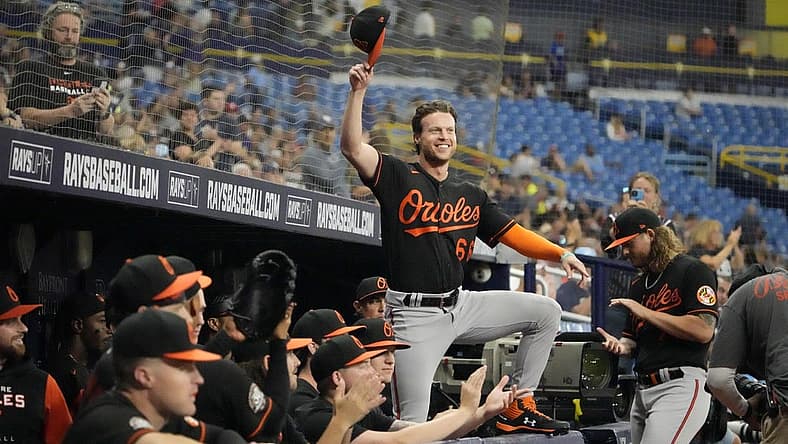 Aug 12, 2022; St. Petersburg, Florida, USA; Baltimore Orioles center fielder Brett Phillips (66) is recognized by the Tampa Bay Rays after the second inning. Phillips was recently traded from the Tampa Bay Rays where he was a fan favorite to the Baltimore Orioles. Mandatory Credit: Dave Nelson-USA TODAY Sports