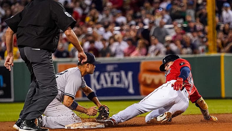 Aug 12, 2022; Boston, Massachusetts, USA; Boston Red Sox left fielder Alex Verdugo (99) hits a double to right centerfield against the New York Yankees in the fourth inning at Fenway Park. Mandatory Credit: David Butler II-USA TODAY Sports