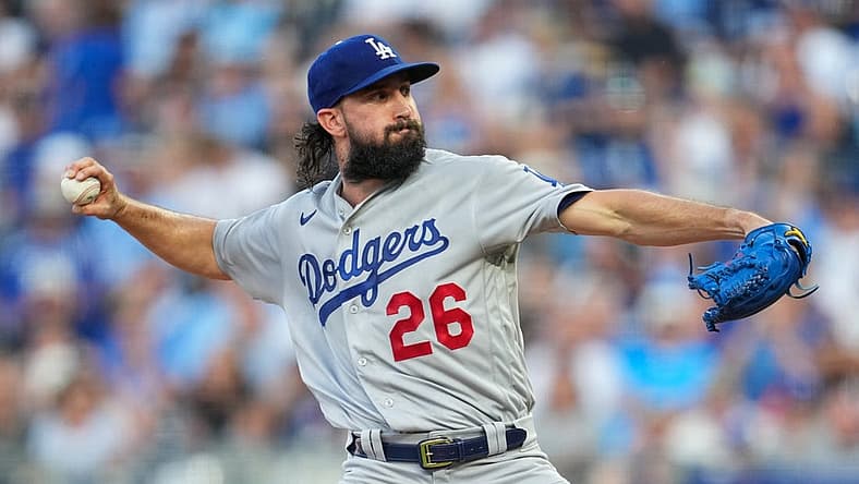 Aug 12, 2022; Kansas City, Missouri, USA; Los Angeles Dodgers starting pitcher Tony Gonsolin (26) pitches against the Kansas City Royals during the first inning at Kauffman Stadium. Mandatory Credit: Jay Biggerstaff-USA TODAY Sports