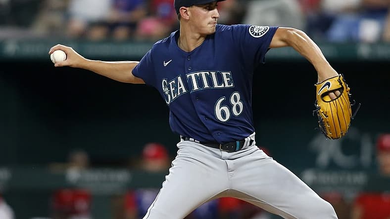 Aug 12, 2022; Arlington, Texas, USA; Seattle Mariners starting pitcher George Kirby (68) throws a pitch in the first inning against the Texas Rangers at Globe Life Field. Mandatory Credit: Tim Heitman-USA TODAY Sports