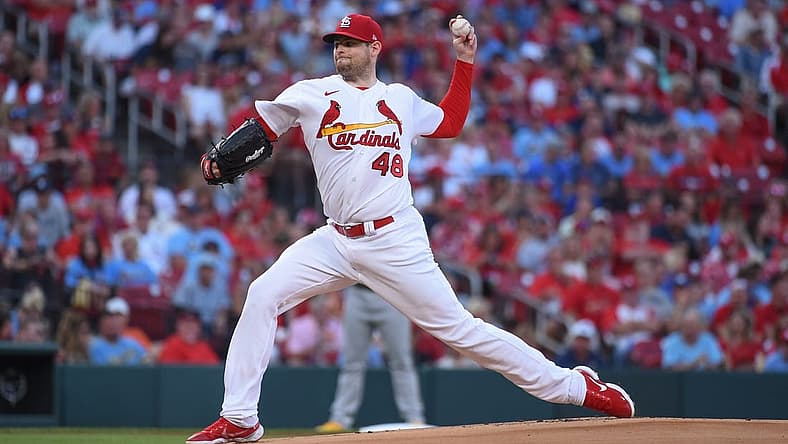 Aug 12, 2022; St. Louis, Missouri, USA; St. Louis Cardinals starting pitcher Jordan Montgomery (48) pitches against the Milwaukee Brewers in the first inning at Busch Stadium. Mandatory Credit: Joe Puetz-USA TODAY Sports