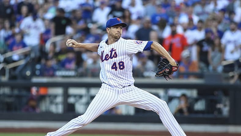 Aug 13, 2022; New York City, New York, USA;  New York Mets starting pitcher Jacob deGrom (48) pitches in the first inning against the Philadelphia Phillies at Citi Field. Mandatory Credit: Wendell Cruz-USA TODAY Sports