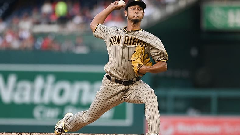 Aug 13, 2022; Washington, District of Columbia, USA; San Diego Padres starting pitcher Yu Darvish (11) throws a first inning pitch against the Washington Nationals at Nationals Park. Mandatory Credit: Tommy Gilligan-USA TODAY Sports