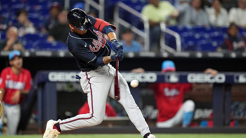 Aug 13, 2022; Miami, Florida, USA; Atlanta Braves shortstop Vaughn Grissom (18) hits a two-run home run in the fifth inning against the Miami Marlins at loanDepot Park. Mandatory Credit: Jim Rassol-USA TODAY Sports
