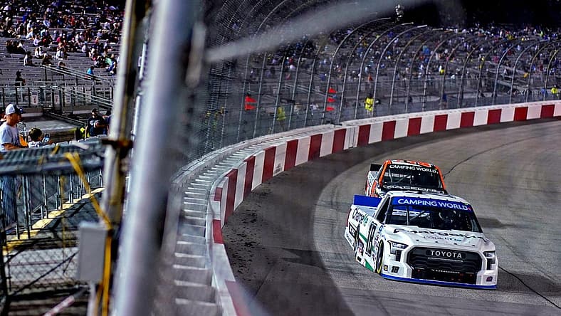 Aug 13, 2022; Richmond, Virginia, USA; NASCAR Gander RV and Outdoors Truck Series driver Chandler Smith (18) during the Truck Series Worldwide Express 250 at Richmond International Raceway. Mandatory Credit: Peter Casey-USA TODAY Sports