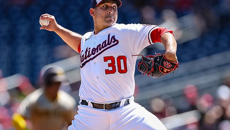 Aug 14, 2022; Washington, District of Columbia, USA; Washington Nationals starting pitcher Paolo Espino (30) pitches against the San Diego Padres during the first inning at Nationals Park. Mandatory Credit: Scott Taetsch-USA TODAY Sports