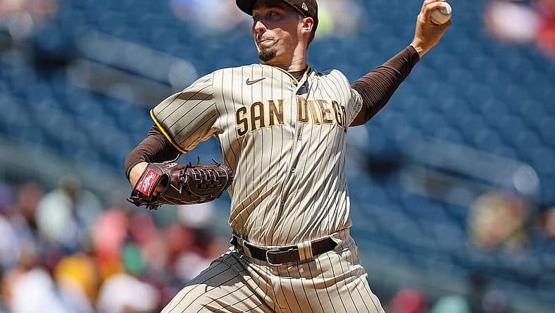 Aug 14, 2022; Washington, District of Columbia, USA; San Diego Padres starting pitcher Blake Snell (4) pitches against the Washington Nationals during the second inning at Nationals Park. Mandatory Credit: Scott Taetsch-USA TODAY Sports