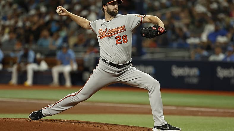 Aug 14, 2022; St. Petersburg, Florida, USA; Baltimore Orioles starting pitcher Jordan Lyles (28) throws a pitch against the Tampa Bay Rays during the second inning at Tropicana Field. Mandatory Credit: Kim Klement-USA TODAY Sports