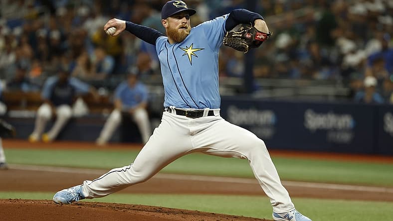 Aug 14, 2022; St. Petersburg, Florida, USA; Tampa Bay Rays starting pitcher Drew Rasmussen (57) throws a pitch against the Baltimore Orioles during the second inning at Tropicana Field. Mandatory Credit: Kim Klement-USA TODAY Sports