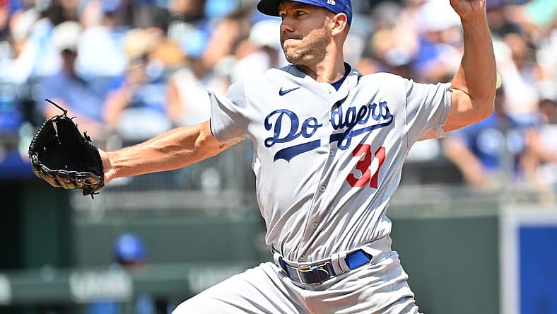 Aug 14, 2022; Kansas City, Missouri, USA;  Los Angeles Dodgers starting pitcher Tyler Anderson (31) delivers a ptich during the first inning against the Kansas City Royals at Kauffman Stadium. Mandatory Credit: Peter Aiken-USA TODAY Sports