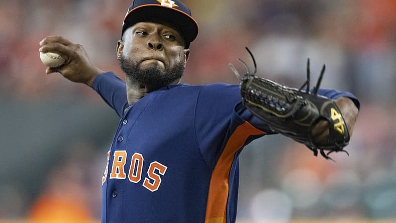 Aug 14, 2022; Houston, Texas, USA; Houston Astros starting pitcher Cristian Javier (53) pitches against the Oakland Athletics in the first inning at Minute Maid Park. Mandatory Credit: Thomas Shea-USA TODAY Sports