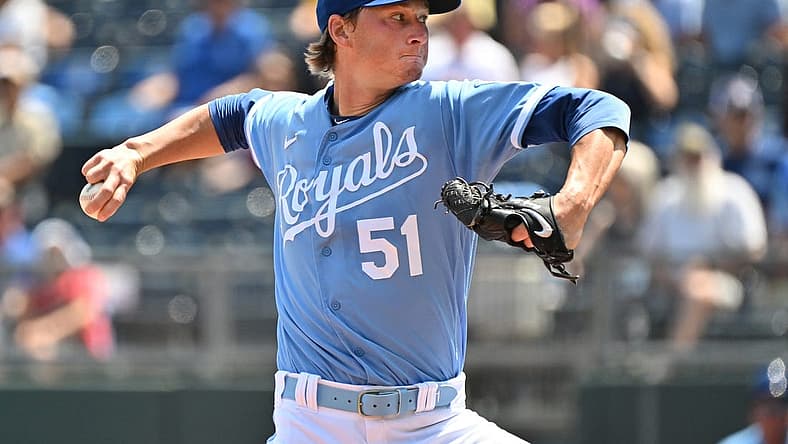 Aug 14, 2022; Kansas City, Missouri, USA; Kansas City Royals starting pitcher Brady Singer (51) delivers a pitch during the first inning against the Los Angeles Dodgers at Kauffman Stadium. Mandatory Credit: Peter Aiken-USA TODAY Sports