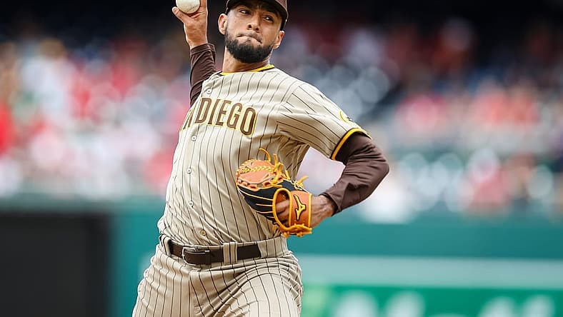 Aug 14, 2022; Washington, District of Columbia, USA; San Diego Padres relief pitcher Robert Suarez (75) pitches against the Washington Nationals during the ninth inning at Nationals Park. Mandatory Credit: Scott Taetsch-USA TODAY Sports