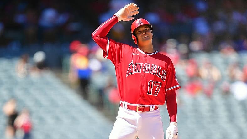 Aug 14, 2022; Anaheim, California, USA; Los Angeles Angels designated hitter Shohei Ohtani (17) reacts after being caught stealing second against the Minnesota Twins at Angel Stadium. Mandatory Credit: Gary A. Vasquez-USA TODAY Sports