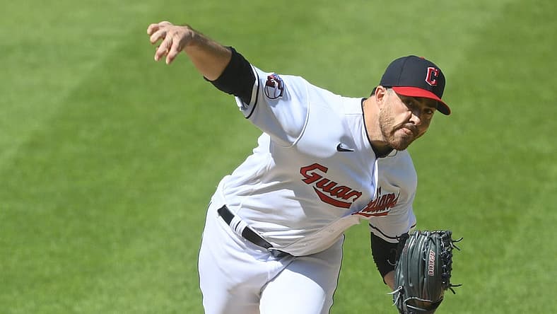Aug 15, 2022; Cleveland, Ohio, USA; Cleveland Guardians starting pitcher Aaron Civale (43) delivers a pitch in the second inning against the Detroit Tigers at Progressive Field. Mandatory Credit: David Richard-USA TODAY Sports