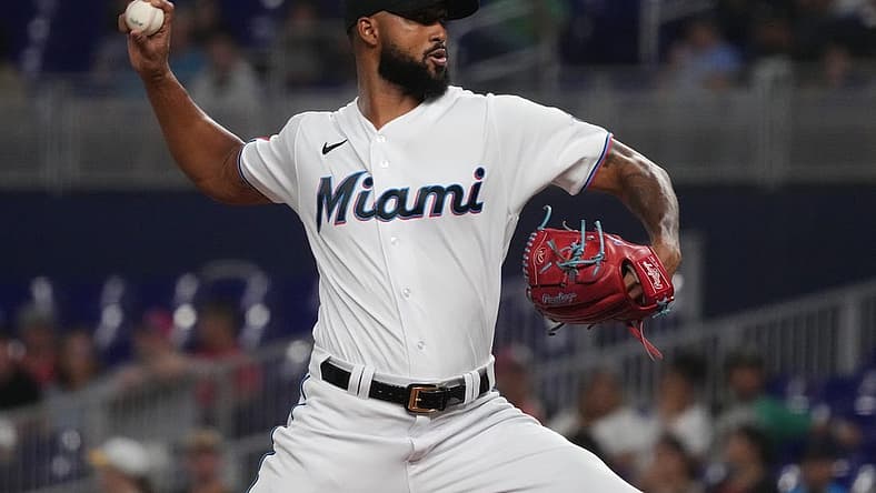 Aug 15, 2022; Miami, Florida, USA; Miami Marlins starting pitcher Sandy Alcantara (22) delivers a pitch in the first inning against the San Diego Padres at loanDepot park. Mandatory Credit: Jasen Vinlove-USA TODAY Sports