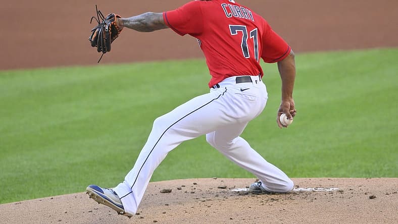 Aug 15, 2022; Cleveland, Ohio, USA; Cleveland Guardians starting pitcher Xzavion Curry (71) delivers a pitch in the first inning against the Detroit Tigers at Progressive Field. Mandatory Credit: David Richard-USA TODAY Sports