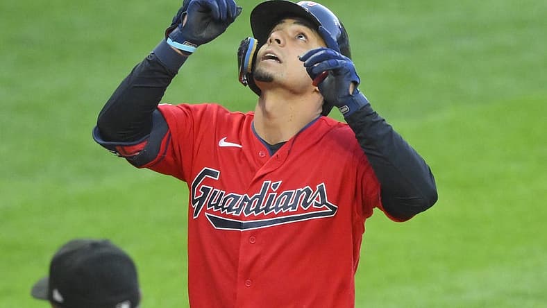 Aug 15, 2022; Cleveland, Ohio, USA; Cleveland Guardians second baseman Andres Gimenez (0) celebrates his two-run home run in the fourth inning against the Detroit Tigers at Progressive Field. Mandatory Credit: David Richard-USA TODAY Sports