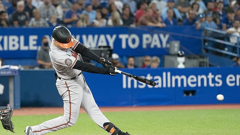 Aug 15, 2022; Toronto, Ontario, CAN; Baltimore Orioles designated hitter Tyler Nevin (41) reaches base on a fielders choice RBI against the Toronto Blue Jays during the fourth inning at Rogers Centre. Mandatory Credit: Nick Turchiaro-USA TODAY Sports