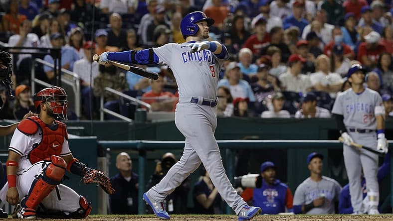 Aug 15, 2022; Washington, District of Columbia, USA; Chicago Cubs left fielder Ian Happ (8) hits a home run against the Washington Nationals during the fifth inning at Nationals Park. Mandatory Credit: Geoff Burke-USA TODAY Sports