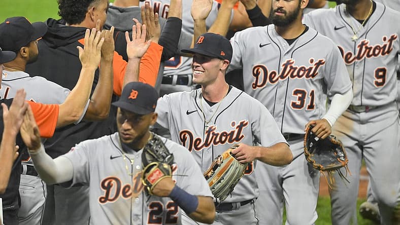 Aug 15, 2022; Cleveland, Ohio, USA; Detroit Tigers players celebrate a win over the Cleveland Guardians at Progressive Field. Mandatory Credit: David Richard-USA TODAY Sports