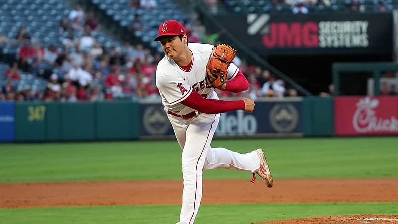 Aug 15, 2022; Anaheim, California, USA;  Los Angeles Angels starting pitcher Shohei Ohtani (17) delivers a pitch in the second inning against the Seattle Mariners at Angel Stadium. Mandatory Credit: Kirby Lee-USA TODAY Sports