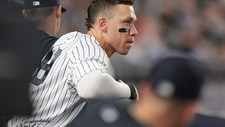 Aug 15, 2022; Bronx, New York, USA; New York Yankees right fielder Aaron Judge (99) looks out during the sixth inning against the Tampa Bay Rays at Yankee Stadium. Mandatory Credit: Vincent Carchietta-USA TODAY Sports