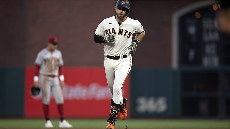 Aug 15, 2022; San Francisco, California, USA; San Francisco Giants third baseman Evan Longoria rounds the bases after a two-run home run off Arizona Diamondbacks starting pitcher Madison Bumgarner during the fourth inning at Oracle Park. Mandatory Credit: D. Ross Cameron-USA TODAY Sports