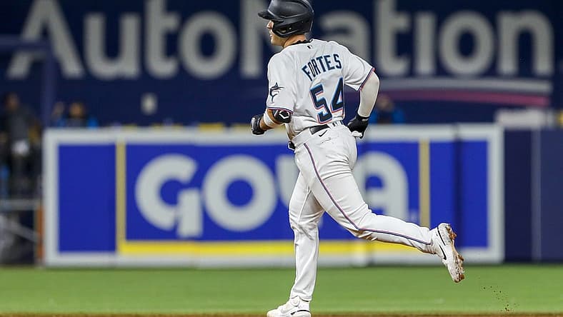 Aug 16, 2022; Miami, Florida, USA; Miami Marlins catcher Nick Fortes (54) rounds the bases after hitting a home run during the second inning against the San Diego Padres at loanDepot Park. Mandatory Credit: Sam Navarro-USA TODAY Sports