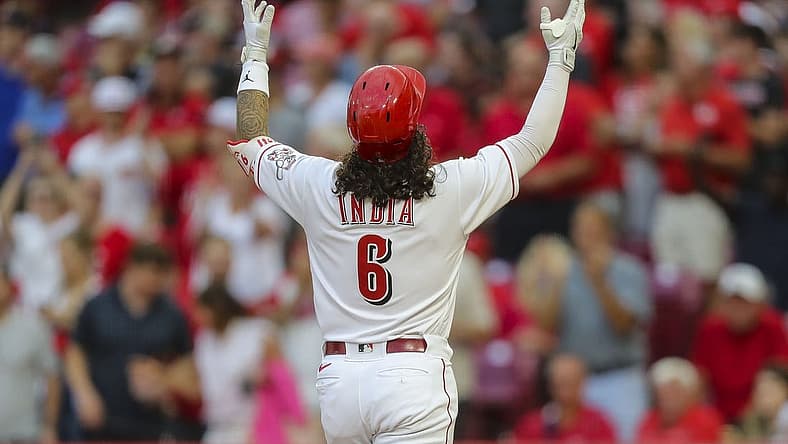Aug 16, 2022; Cincinnati, Ohio, USA; Cincinnati Reds second baseman Jonathan India (6) reacts after hitting a solo home run in the third inning against the Philadelphia Phillies at Great American Ball Park. Mandatory Credit: Katie Stratman-USA TODAY Sports
