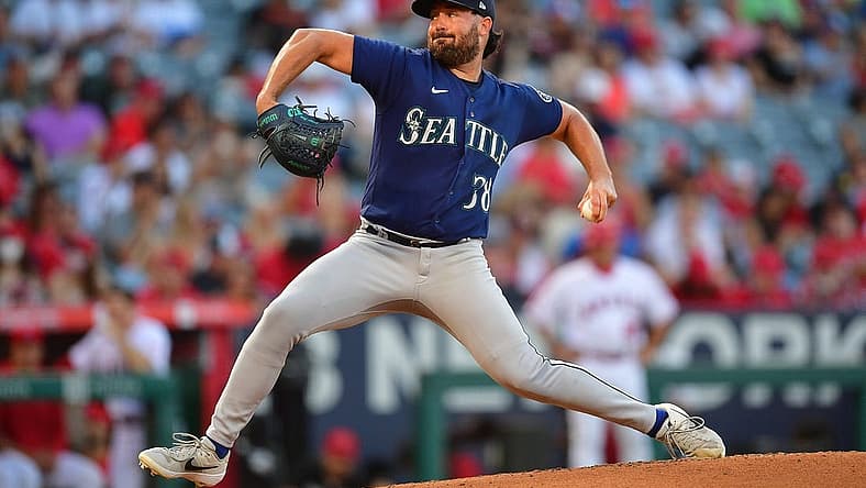 Aug 16, 2022; Anaheim, California, USA; Seattle Mariners starting pitcher Robbie Ray (38) throws against the Los Angeles Angels during the first inning at Angel Stadium. Mandatory Credit: Gary A. Vasquez-USA TODAY Sports
