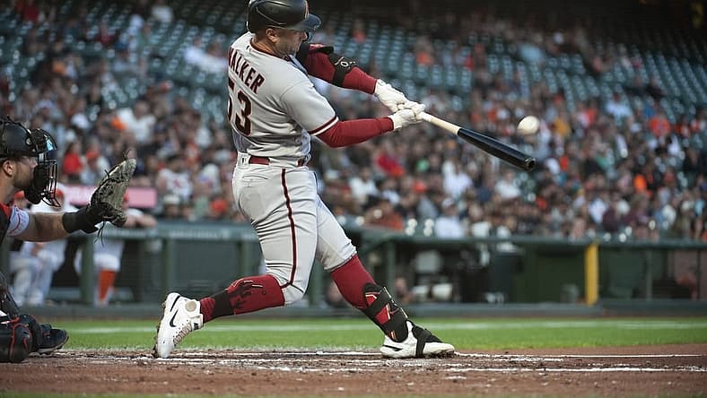 Aug 16, 2022; San Francisco, California, USA; Arizona Diamondbacks first baseman Christian Walker (53) hits a solo home run during the fourth inning against the San Francisco Giants at Oracle Park. Mandatory Credit: Ed Szczepanski-USA TODAY Sports