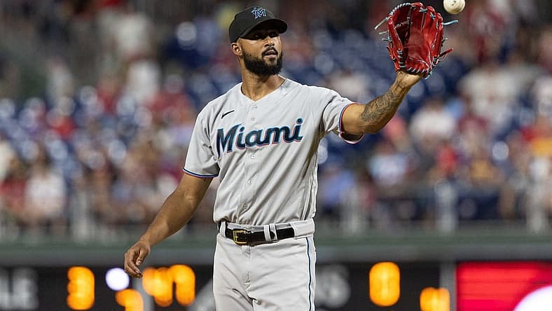 Aug 10, 2022; Philadelphia, Pennsylvania, USA; Miami Marlins starting pitcher Sandy Alcantara (22) pitches against the Philadelphia Phillies at Citizens Bank Park. Mandatory Credit: Bill Streicher-USA TODAY Sports