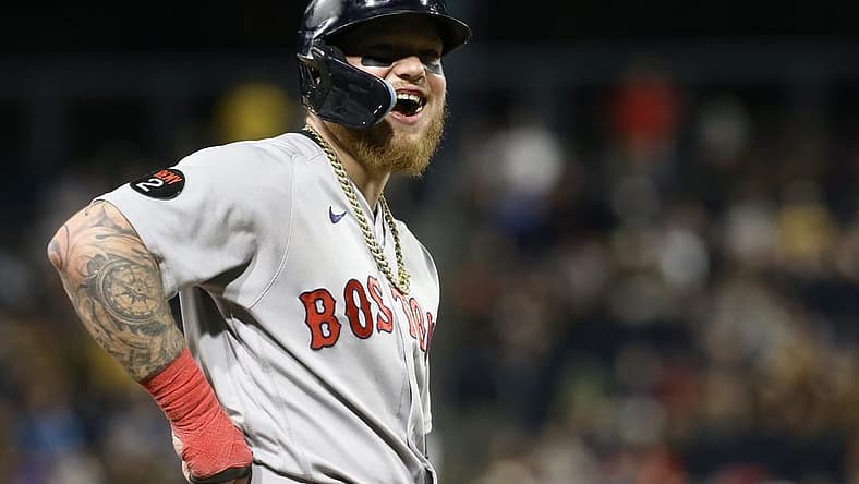 Aug 17, 2022; Pittsburgh, Pennsylvania, USA; Boston Red Sox left fielder Alex Verdugo (99) reacts while on third base against the Pittsburgh Pirates during the eighth inning at PNC Park. Mandatory Credit: Charles LeClaire-USA TODAY Sports
