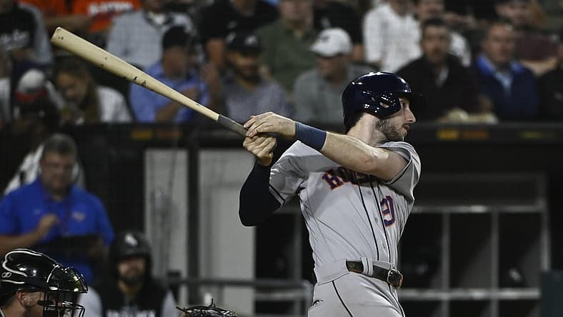 Aug 17, 2022; Chicago, Illinois, USA; Houston Astros right fielder Kyle Tucker (30) hits a double against the Chicago White Sox during the fourth inning at Guaranteed Rate Field. Mandatory Credit: Matt Marton-USA TODAY Sports