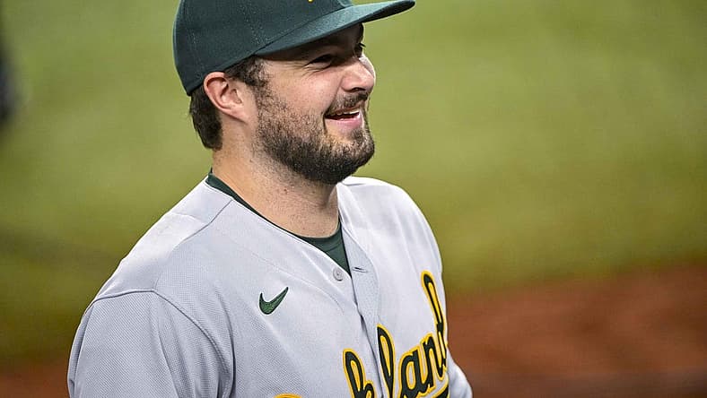 Aug 17, 2022; Arlington, Texas, USA; Oakland Athletics designated hitter Shea Langeliers (23) smiles to the fans after the victory over the Texas Rangers at Globe Life Field. Mandatory Credit: Jerome Miron-USA TODAY Sports