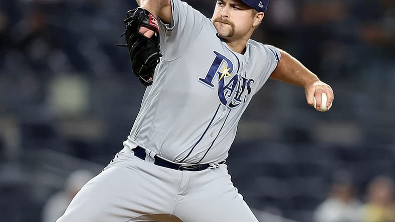 Aug 17, 2022; Bronx, New York, USA; Tampa Bay Rays relief pitcher Jalen Beeks (68) pitches against the New York Yankees during the tenth inning at Yankee Stadium. Mandatory Credit: Brad Penner-USA TODAY Sports